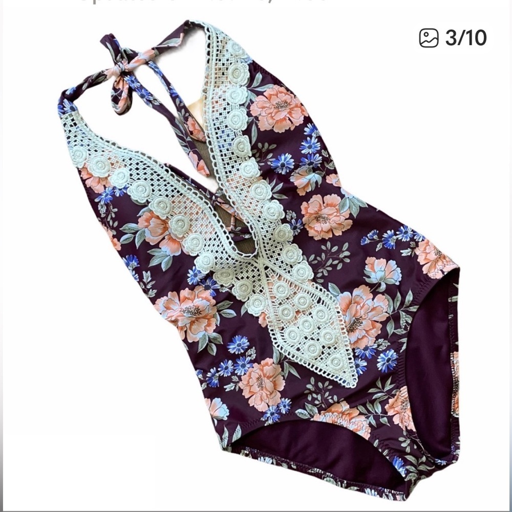 🌺 KONA SOL one piece swimsuit
Floral Crochet Boho Large V-neck
Tie Neck Soft - Picture 3 of 9
